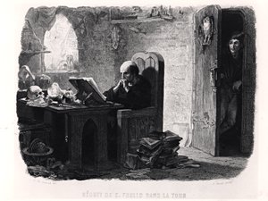 كلود فرولو في الغرفة الصغيرة بالبرج ، رسم توضيحي من "نوتردام دو باريس" (1831) بواسطة فيكتور هوغو (1802-1885) ، منقوش بواسطة أوغست فرانسوا غارنييه ، 1844 بواسطة فرانسوا جوزيف آيم دي ليمود